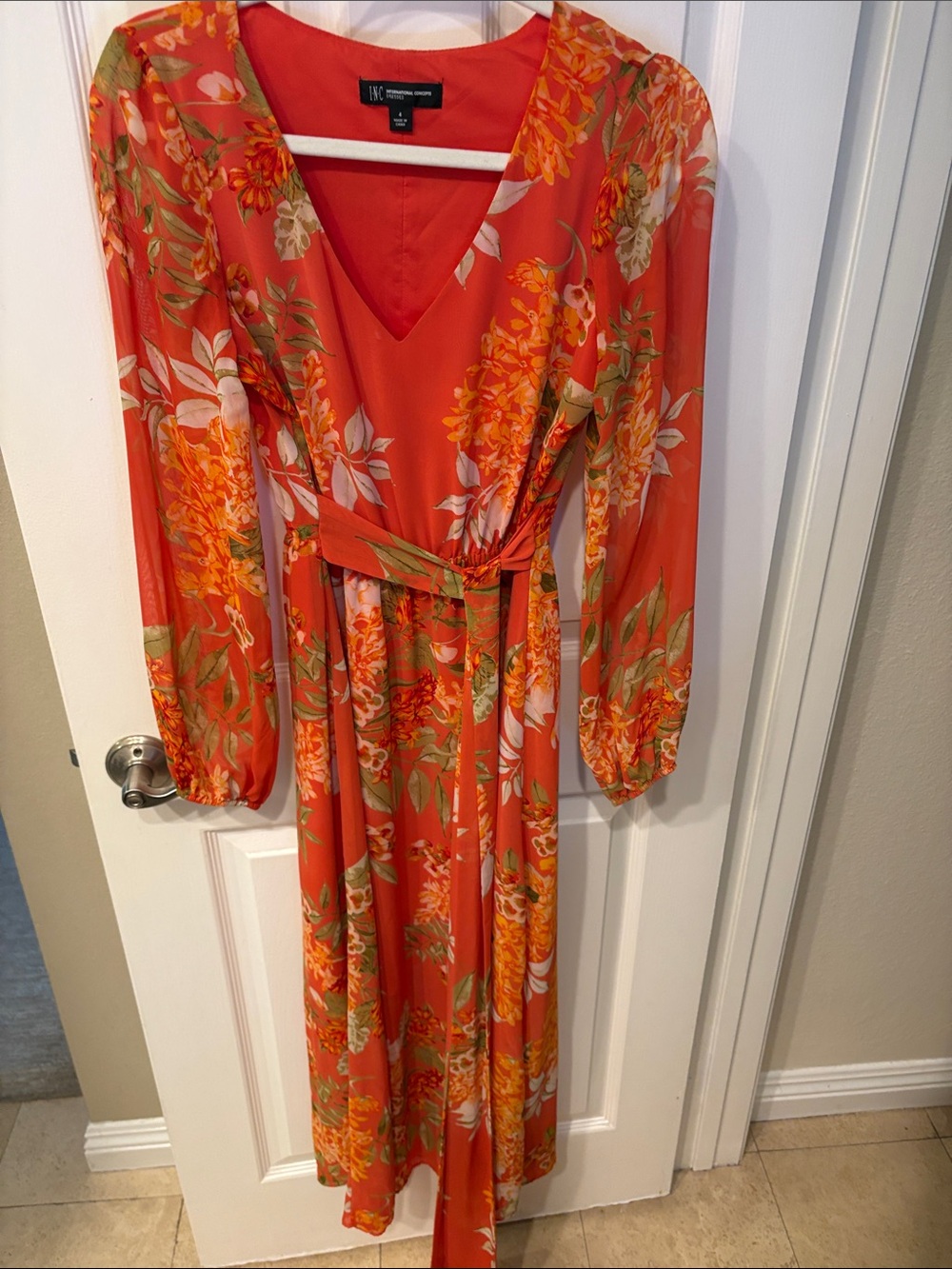 BCX Coral-Orange Floral V-Neck Long Sleeve Wrap Dress